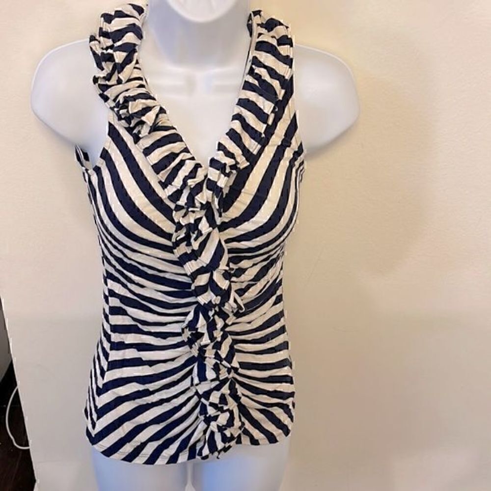 Express  Navy and White Striped Ruffle Top Size XSP - Picture 1 of 4